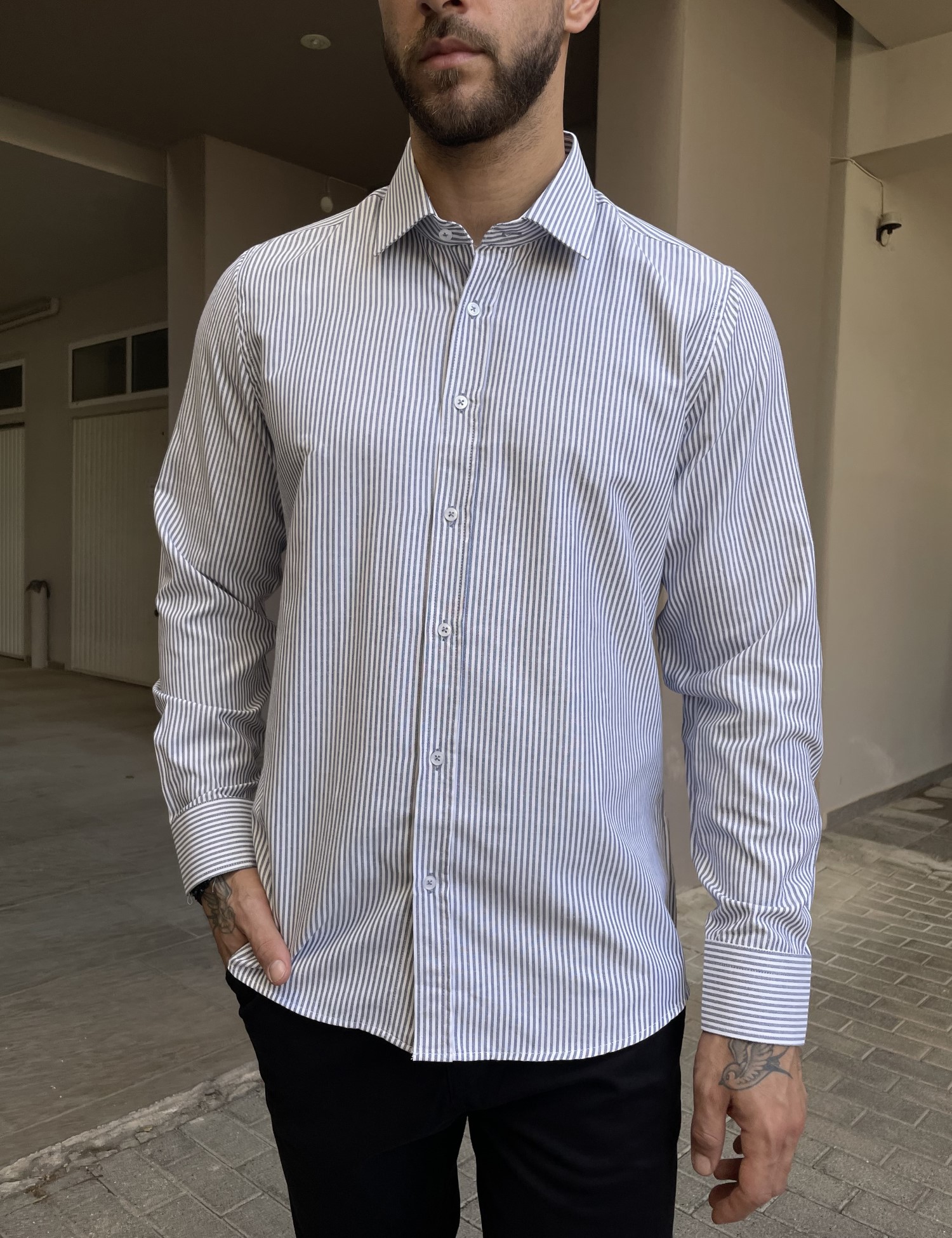 Ανδρικό πουκάμισο με γιακά λευκό με μπλε ρίγα 2097B φωτογραφία